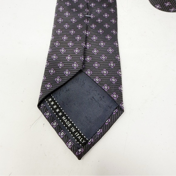 ERMENEGILDO ZEGNA Men’s Charcoal Gray Purple Geometric Weave Tie Made In Italy - Picture 4 of 5